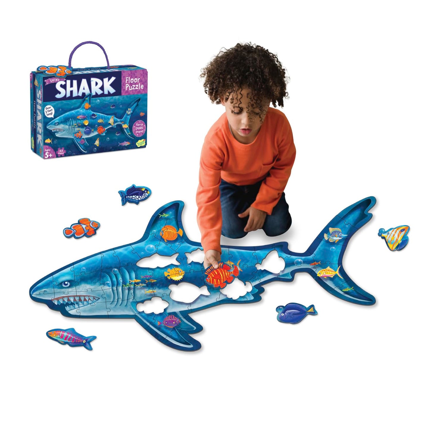 Peaceable Kingdom Shiny Shark Floor Puzzle – 53-Piece Giant Floor Puzzle for Kids Ages 5 & up – Fun-Shaped Puzzle Pieces – Great for Classrooms