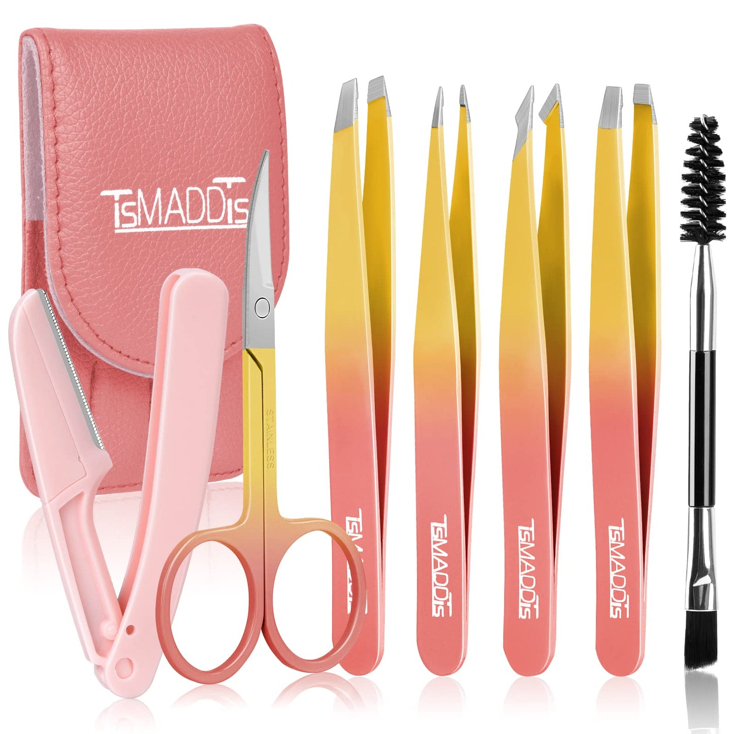 TsMADDTs 7 pcs Tweezers Set for Women Facial Hair, Precision Tweezer for Eyebrows with Curved Scissor and Eyebrow Razor for Ingrown Hair, Pink&Yellow Beauty and Personal Care TsMADDTs Default Title