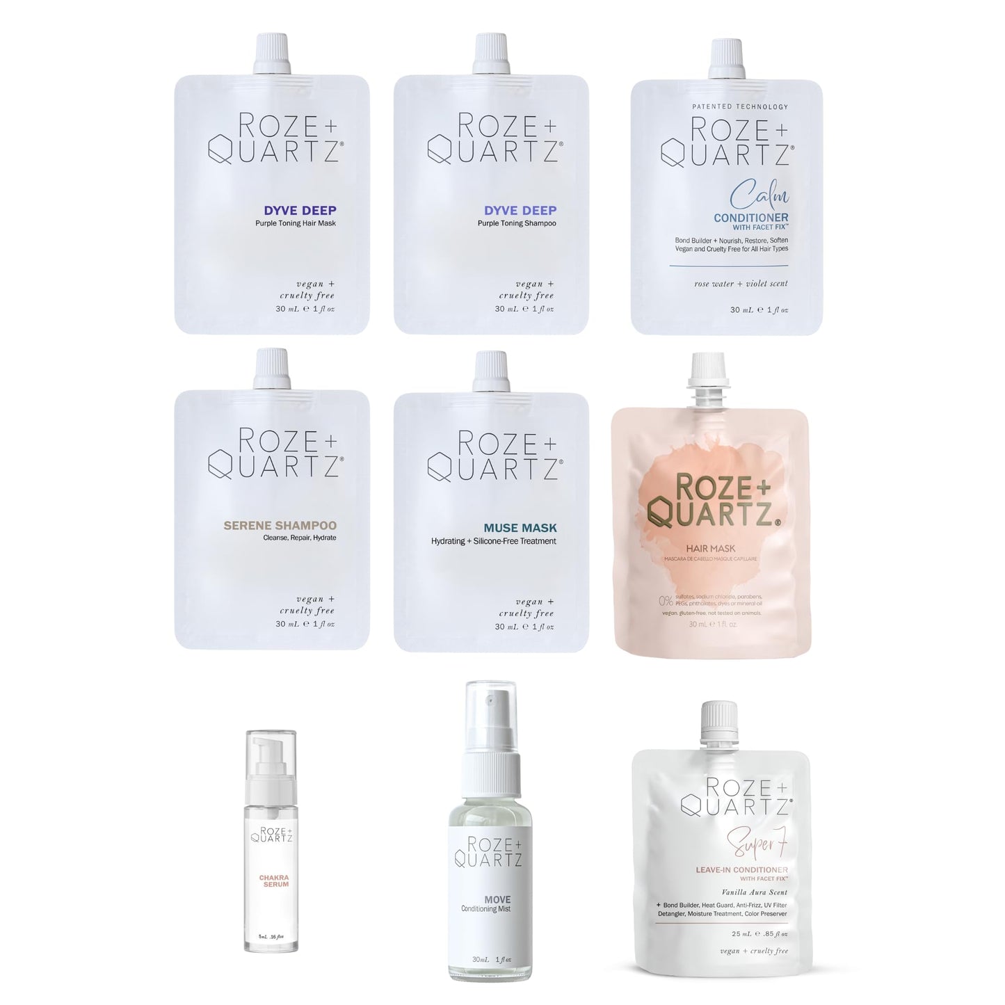 Roze + Quartz® 9 Item Sampler Kit (includes NEW 10ml Chakra Serum!)