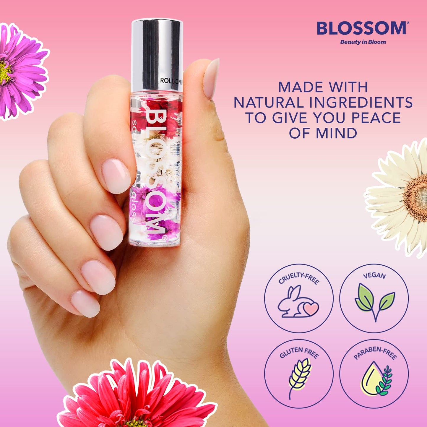 Blossom Roll on Lip Gloss, Scented Clear High Shine Moisturizing Lip Oil, Non Sticky, Infused with Real Flowers, Made in USA, 0.3 fl. oz./9ml, 3 pack