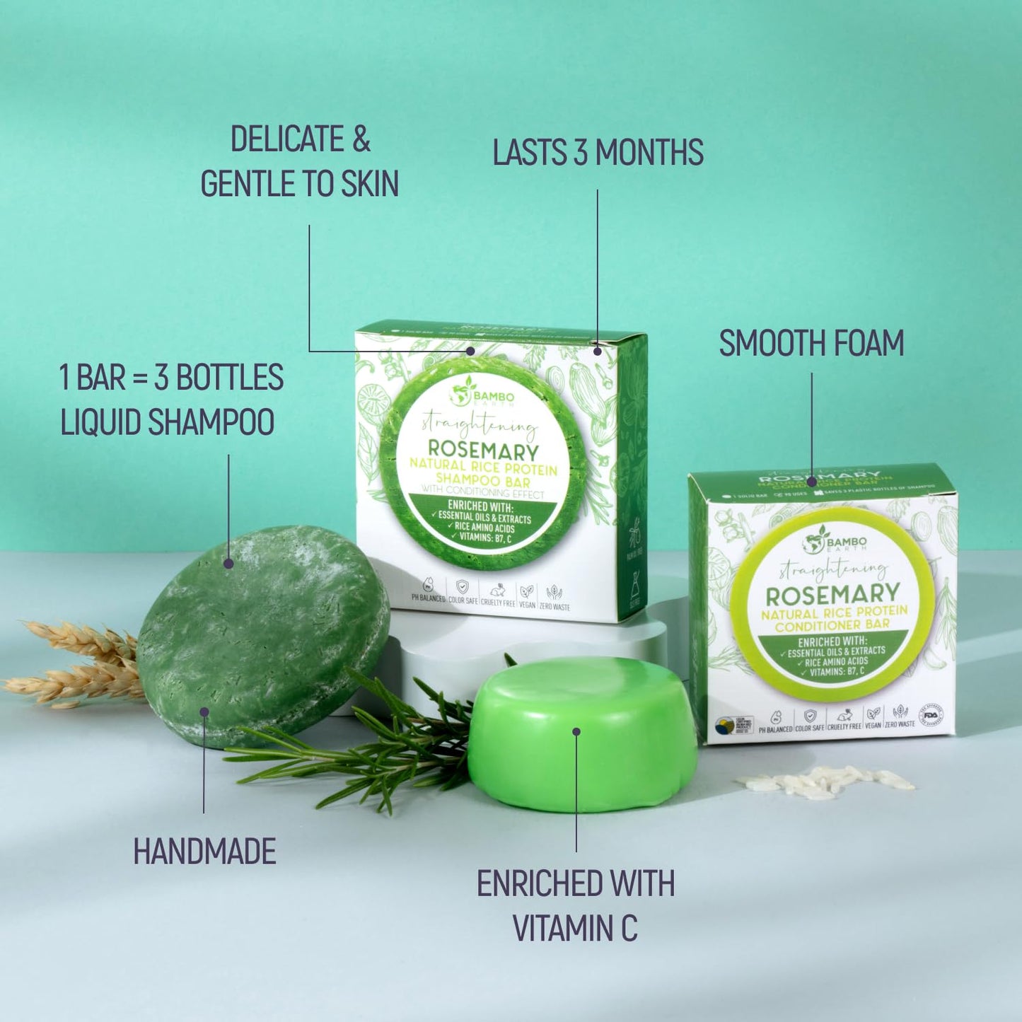 Solid Rice Protein Water Shampoo & Conditioner Hair Soap - Shampoo and Conditioner Bars For Hair With All Natural Plant Based Essential Oils And Zero