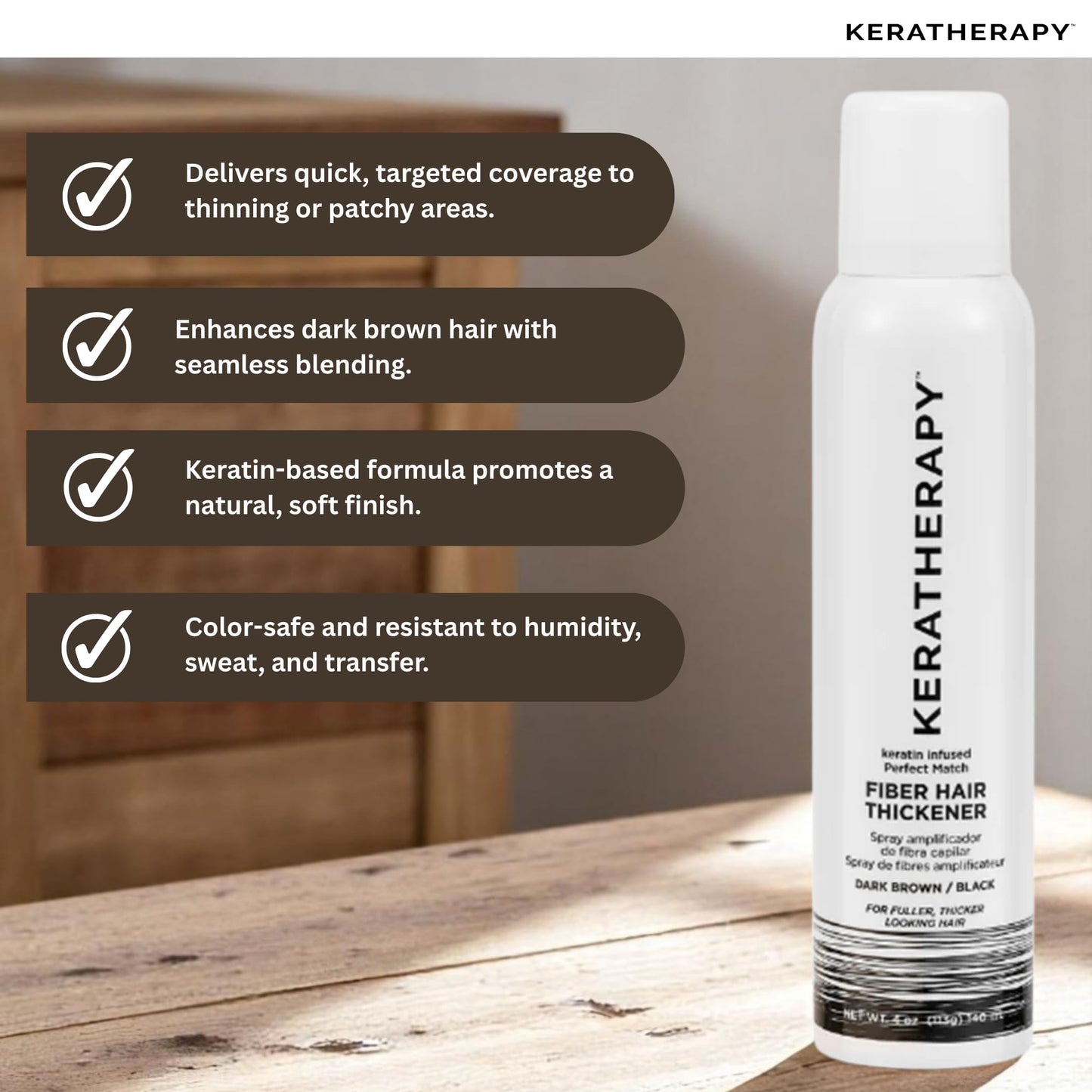 Keratherapy Keratin Infused Perfect Match Fiber Hair Thickener Spray, Dark Brown to Black, 4 fl. oz., 140 ml - Volumizing, Thickening, & Concealing