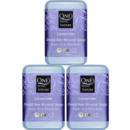 One With Nature Dead Sea Salt Lavender Soap 7oz 3-Pack - Soothing and Exfoliating Soap Bar with Dead Sea Minerals for Face & Body, for Men & Women