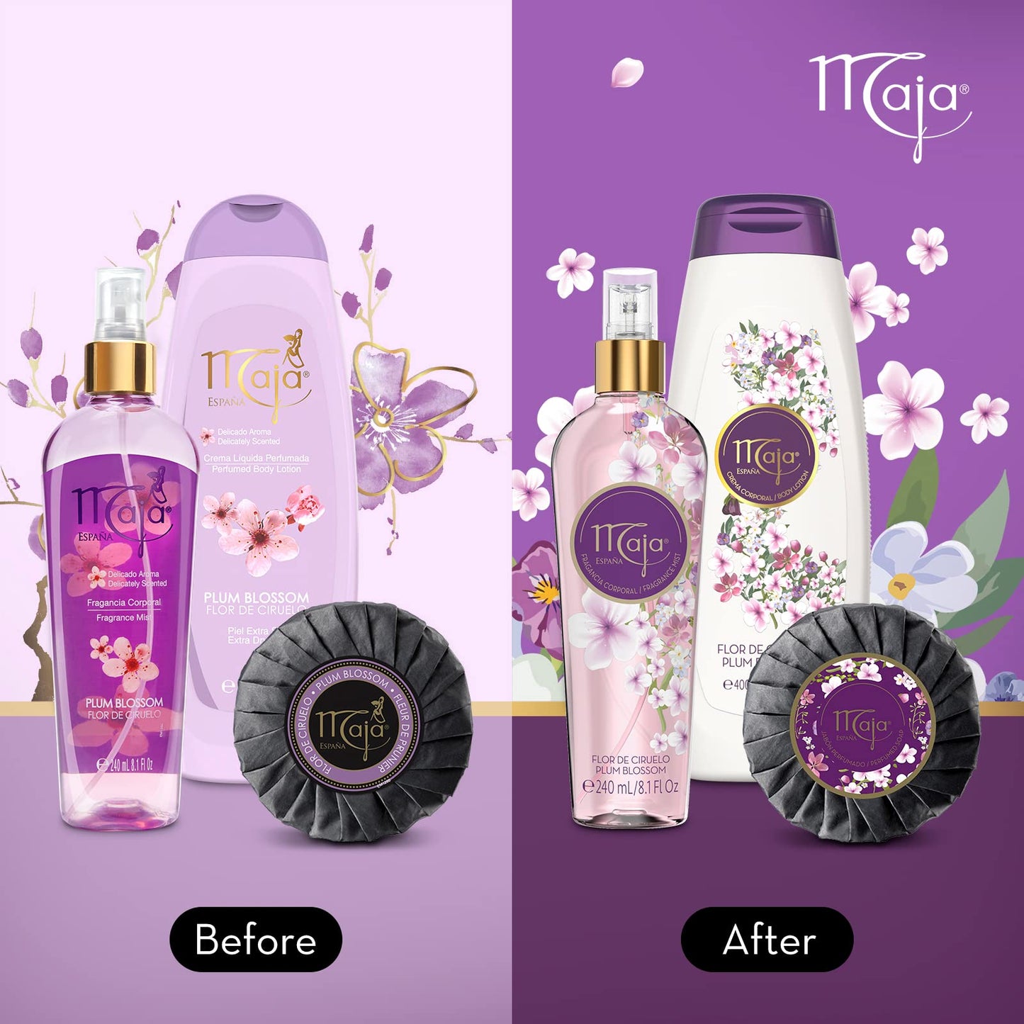 Maja Plum Blossom Perfumed Body Mist with Floral and Fruity notes to refresh yourself any time, Transparent Purple, 8.1 Fl Oz, Spray Bottle