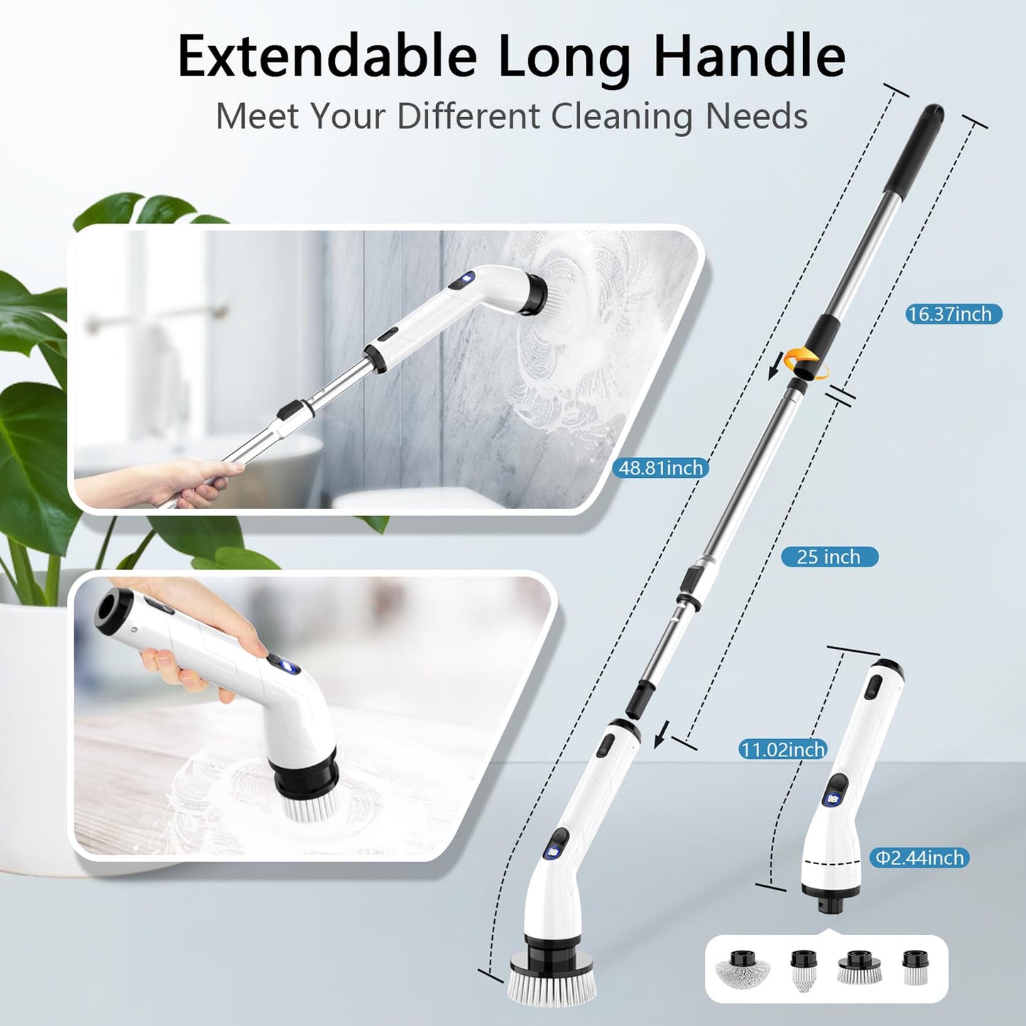 TUYU Electric Spin Scrubber, IPX7 Waterproof with LCD Display & Adjustable Handle, Cordless Bathroom, Bathtub, Kitchen & Wall Cleaner Brush