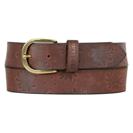 Eddie Bauer Women's Casual Leather Belts with Durable Metal Buckle, Floral Tooled - Tan, Large