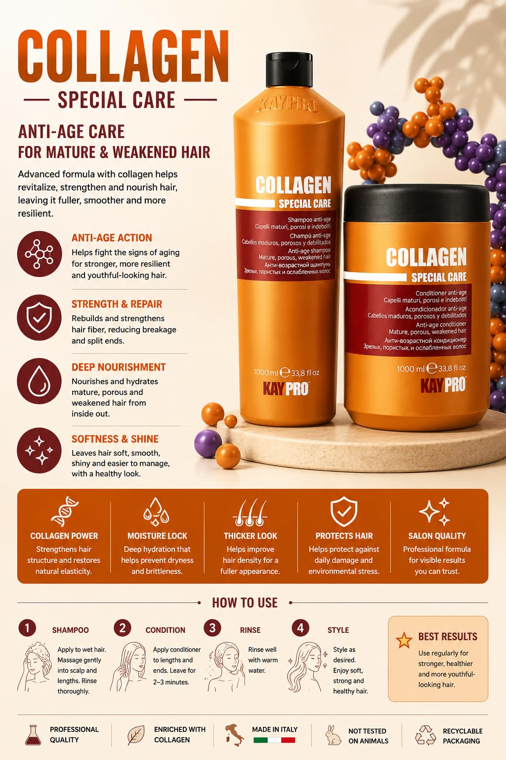 KAYPRO Collagen Special Care Shampoo & Mask 1000ml Set - Italian (Anti-Aging Hair Care Set with Collagen for Protein Balance, Hydration & Hair