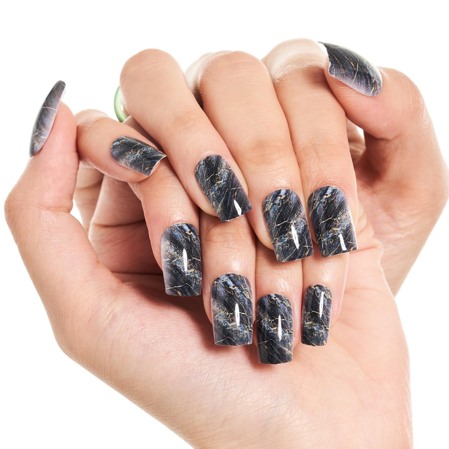 GLAMERMAID Ombre Press on Nails Medium Square, Fall Peacock Blue Marble Jelly Soft Gel Nails Square Fake Nail, Glossy Stick Glue 0n Nail Kit
