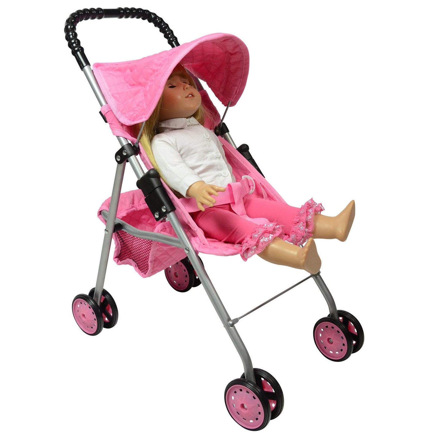 The New York Doll Collection My First Doll Stroller with Basket, Foldable Doll Stroller (Pink Quilted)