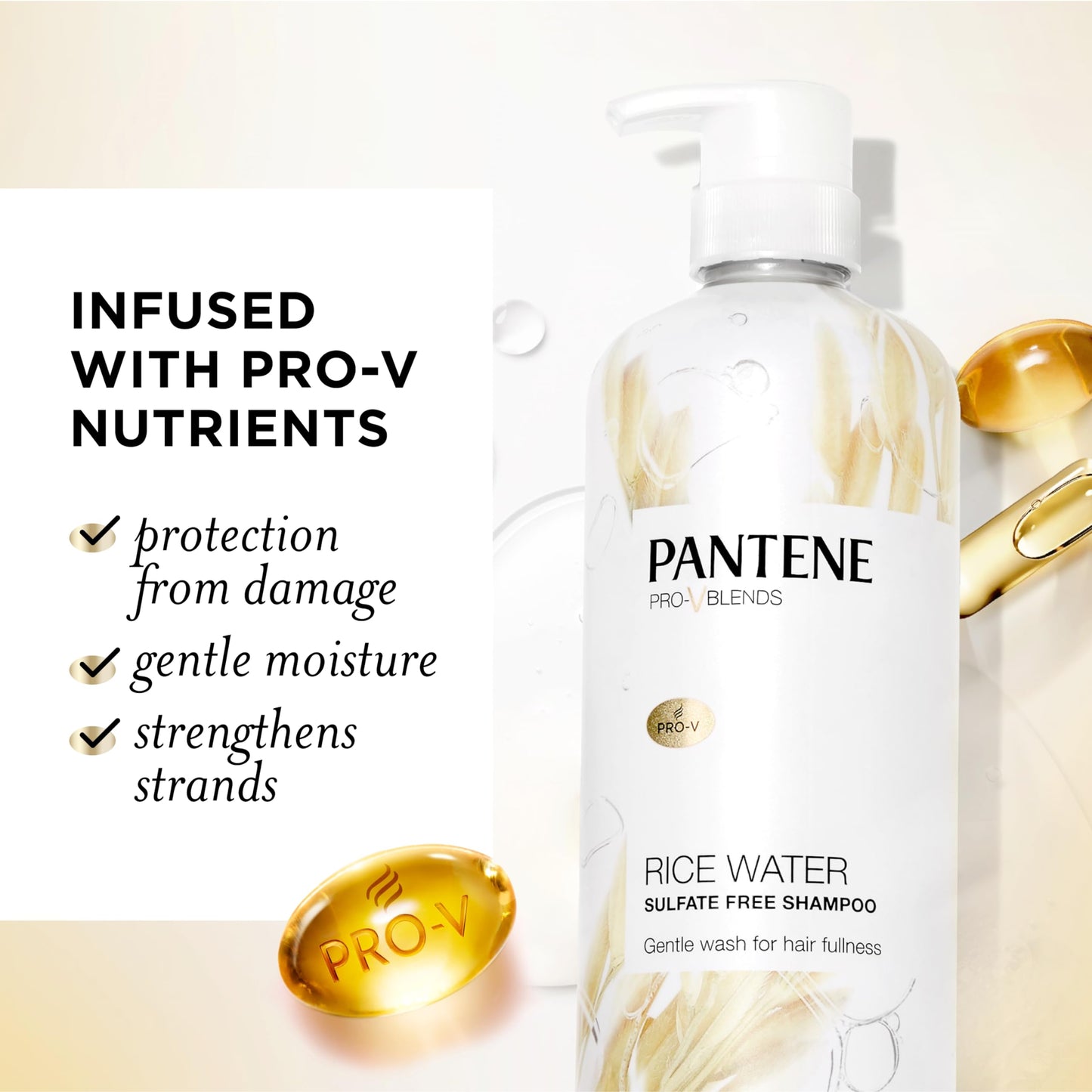 Pantene Sulfate Free Shampoo with Rice Water, Protects Natural Hair Growth, Volumizing, for Women, Nutrient Infused with Vitamin B5, Safe for Color