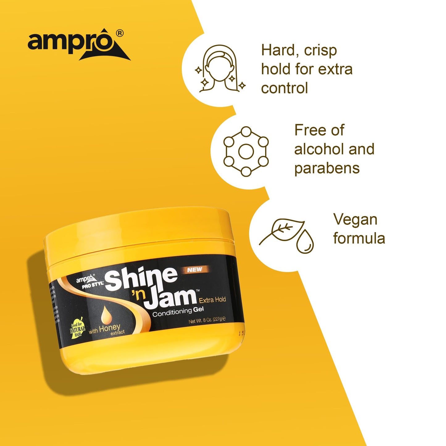 AmPro Shine-n-Jam Maximum Hold - Infused with Honey Extract to Strengthen Hair - Great for Taming Fringe, Ponytails, Soft Weaves, and Braids - Keeps