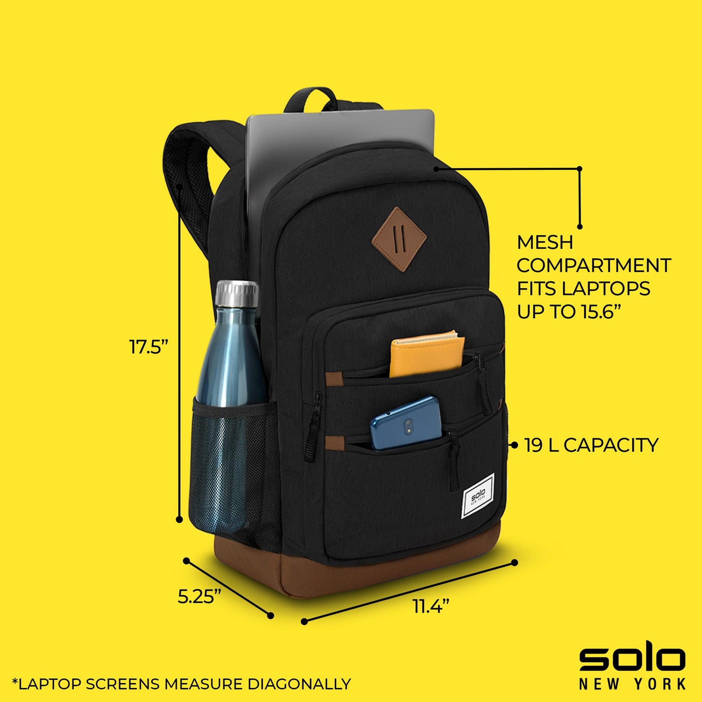Solo New York Laptop Backpack for Women & Men -Carry On Bookbag for Travel & Work, Lightweight Bag, Side Mesh Pockets, Fits 15.6" Computer - Re:Fresh, Black