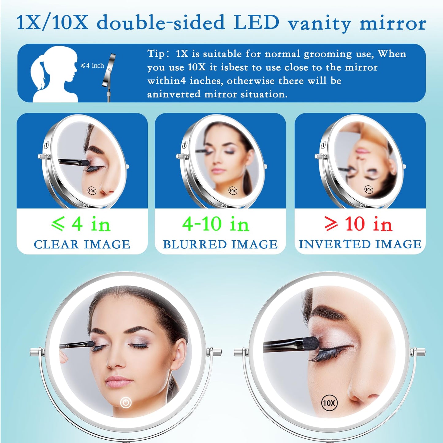 Niuphia Vanity Mirror with Lights 7" Rechargeable 1x/10x Lighted Makeup Mirror Adjustable Height Double Sided Mirror with Lights 360°Rotating Makeup