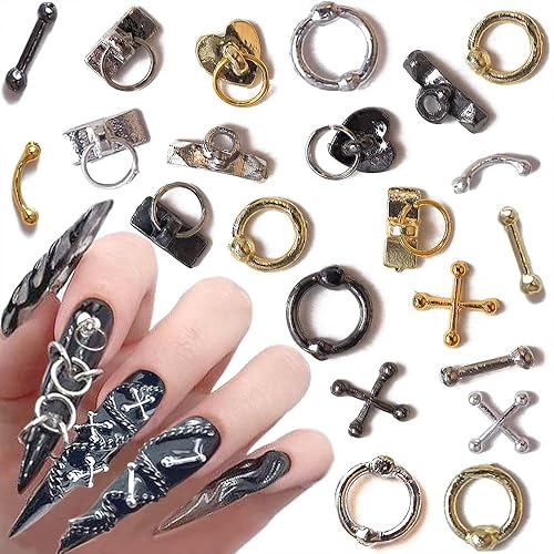 Dornail 30pcs Vintage Punk Alloy Nail Charms 3D Cross Nail Charm Hollow Hanging Rings Latch Metal Nail Art Charms for Nails Jewelry Gothic Design Nail
