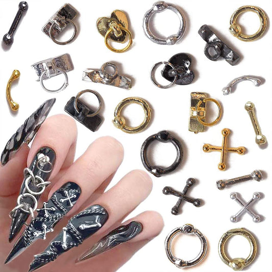 Dornail 30pcs Vintage Punk Alloy Nail Charms 3D Cross Nail Charm Hollow Hanging Rings Latch Metal Nail Art Charms for Nails Jewelry Gothic Design Nail