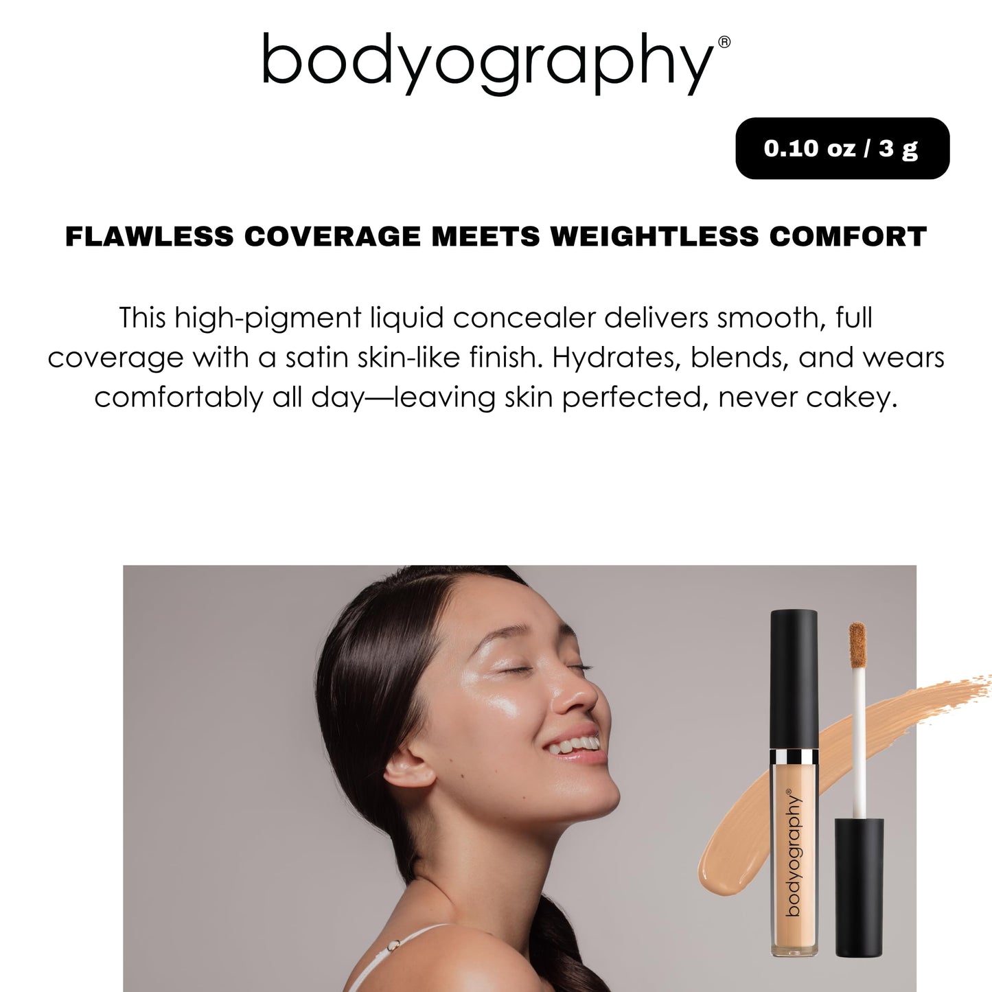 Bodyography Skin Slip Full-Coverage Liquid Concealer | Lightweight, Buildable Formula with 35% Pigment | Infused with Glycerin & Vitamin E