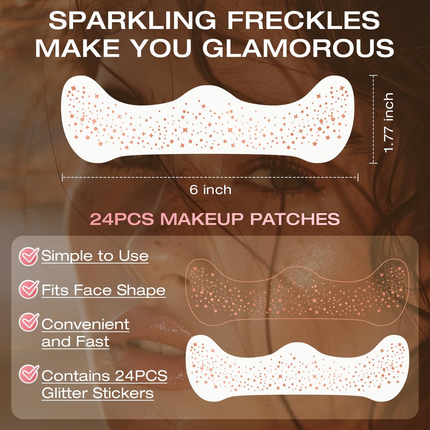 Leterly 24 Pcs Glitter Freckles Face Tattoo,Rose Gold Face Glitter Makeup Patches Cute Sparkle Freckles Patches Waterproof Makeup Speckles for Face