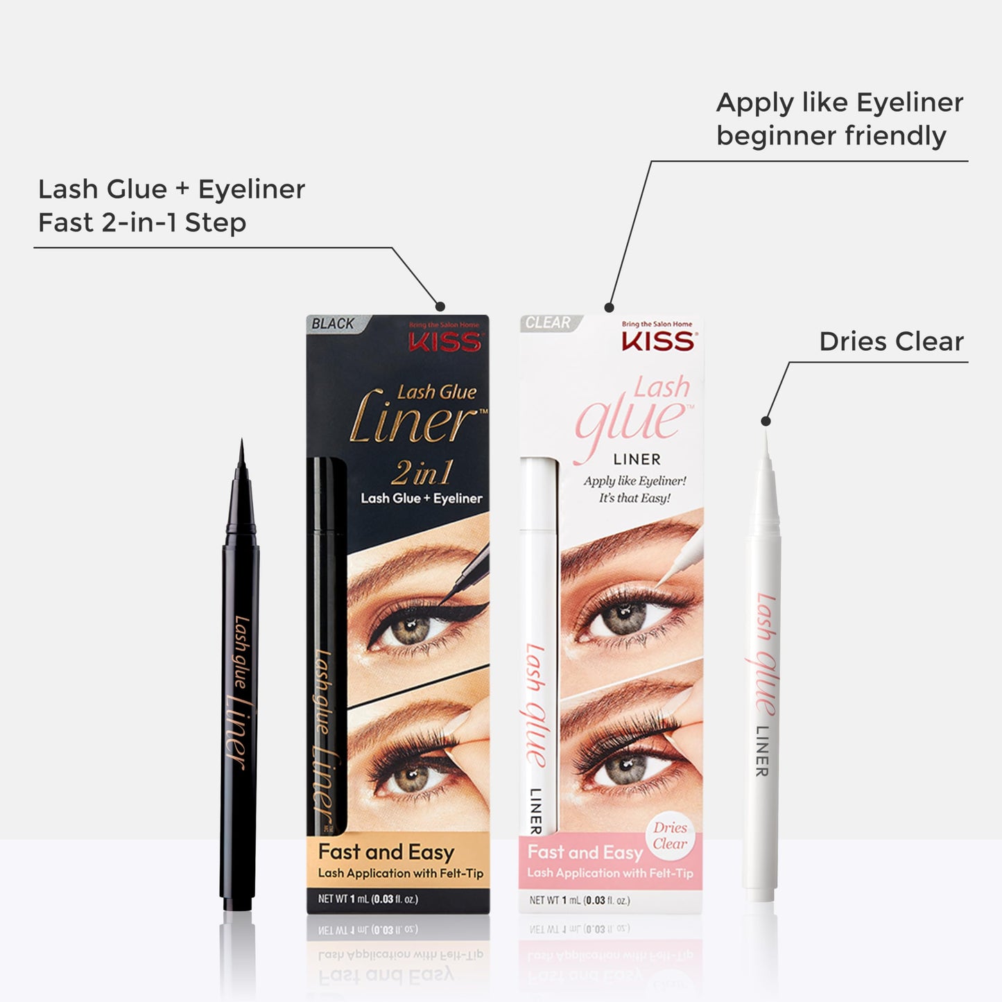 KISS Lash GLUEliner, 2-in-1 Felt-Tip Eyelash Adhesive and Eyeliner, Matte Finish, Foolproof Application, Easy Touch-Up, 0.03 Fl Oz.- Black, Packaging