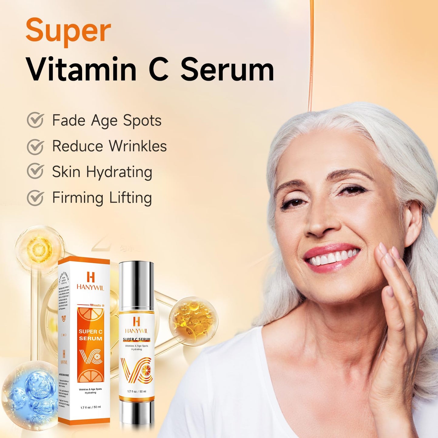 HANYWIL Super Vitamin C Serum for Women over 70, Vitamin C Serum for Face, Dark Spot Remover for Face, Hyaluronic Acid Skin Care, Targets Age Spots