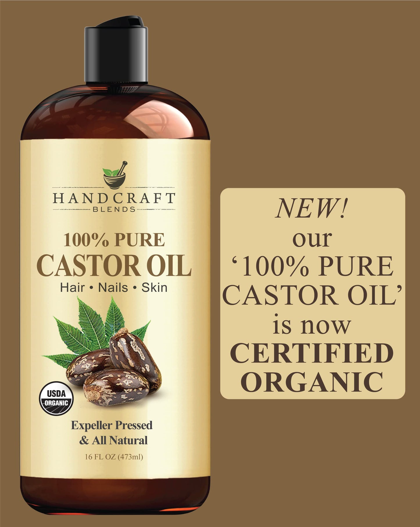 Handcraft Blends Organic Castor Oil – 100% Pure, Natural, Expeller-Pressed, Hexane-Free Carrier Oil for Hair, Lashes, Brows & Skin, 16oz