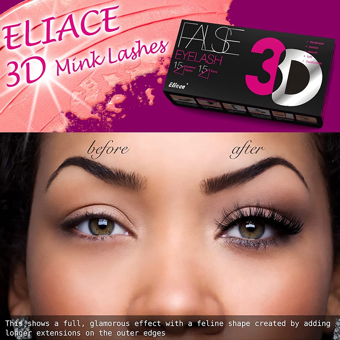 Eliace 3D Mink Lashes Natural Look 15 Mixed Styles 15 Pairs Fake Eyelashes Bulk Pack Handmade Luxurious Volume Fluffy Natural False Eyelashes