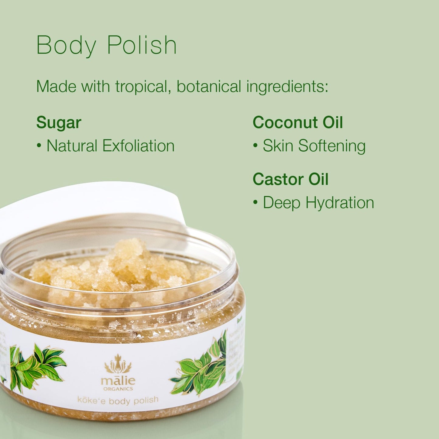 M?lie Organics Body Polish, K?ke‘e Scent, Sugar Scrub Exfoliator, Vegan, 8 oz Beauty & Personal Care Malie