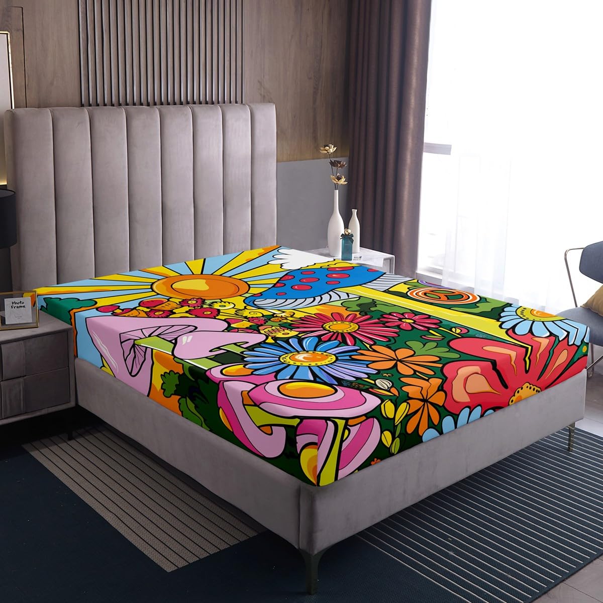 Erosebridal Kawaii Mushroom Full Sheet Set Boho Sun Sheets Hippie Groovy Floral Sheet & Pillowcase Sets 60s 70s Retro Vintage Theme Bed Sheets Chic