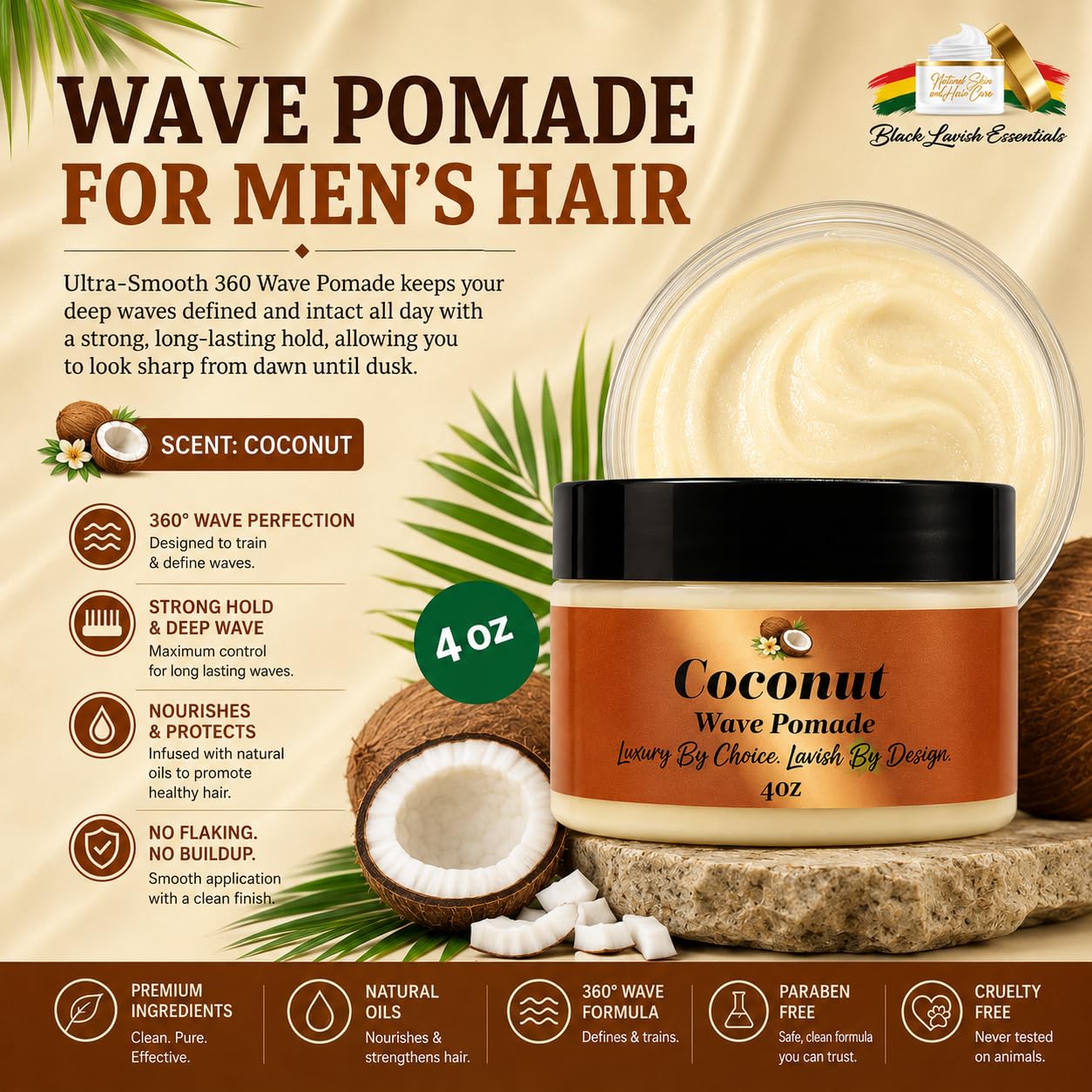 Black Lavish Essentials Ultra-Smooth 360 Wave Pomade, 4oz Coconut Hair Butter, Strong Hold Non-Greasy Hair Styling Cream for Deep Waves, Shea