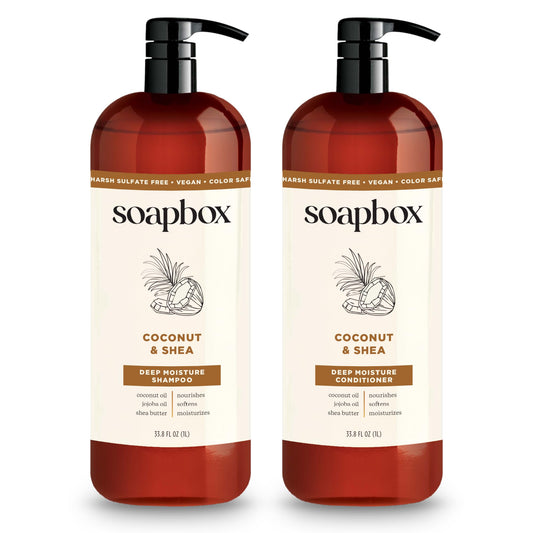 Soapbox Shampoo and Conditioner Set with Coconut Oil, Jojoba Oil, Aloe and Shea Butter to Moisturize and Nourish for All Hair Types, 1 Liter Each