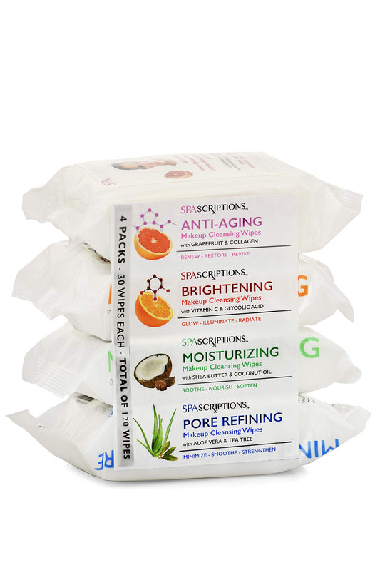 Spascriptions™ Anti-Aging, Brightening, Moisturizing & Pore Refining Towelettes Removes Waterproof Makeup, Revives with Collagen, Vitamin C, Coconut