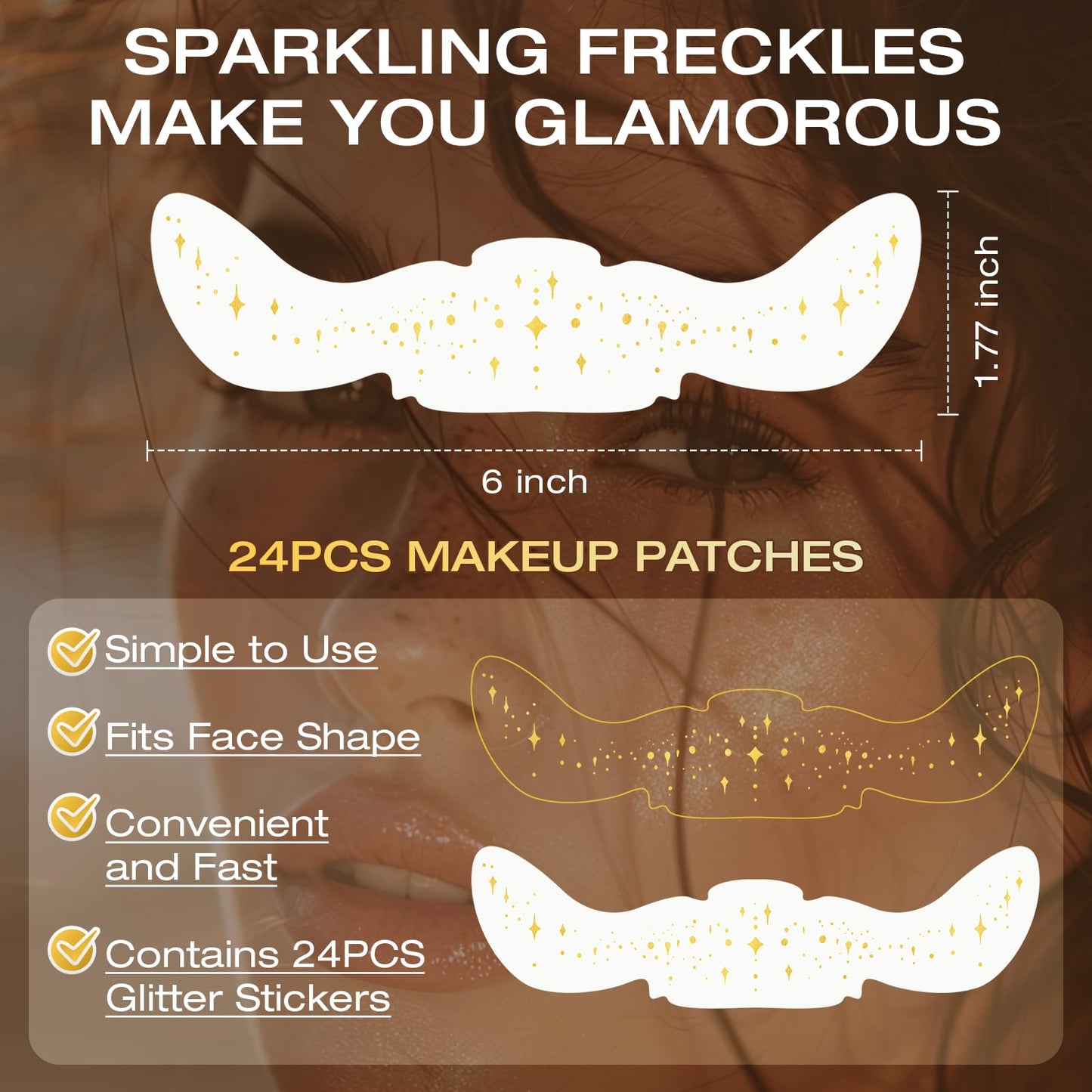 Leterly 24 Pcs Glitter Freckles Face Tattoo,Gold Face Glitter Makeup Patches Cute Sparkle Freckles Patches Waterproof Makeup Speckles for Face