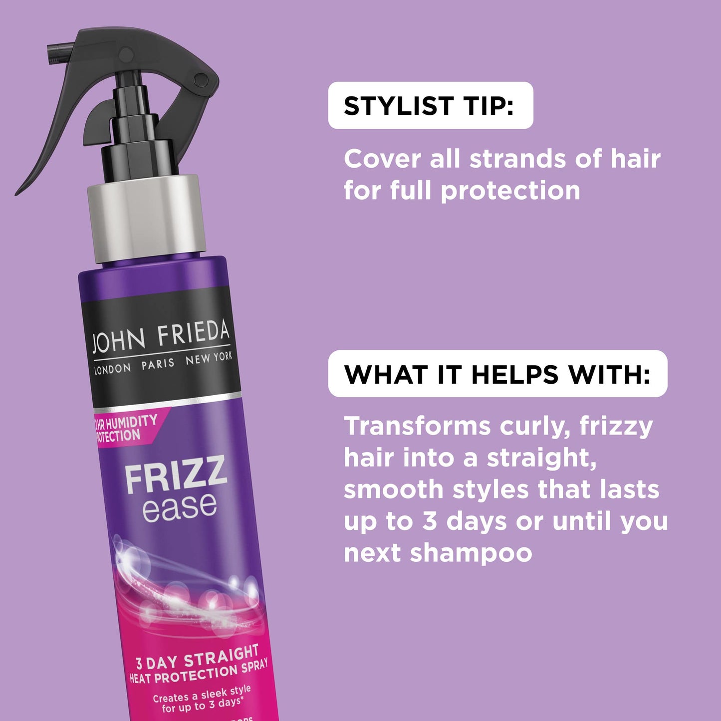 John Frieda Frizz Ease 3 Day Straight Heat Protection Spray, Keeps Hair Straight and Frizz-Free for 3 Days, Keratin-Infused Flat Iron & Styling Spray