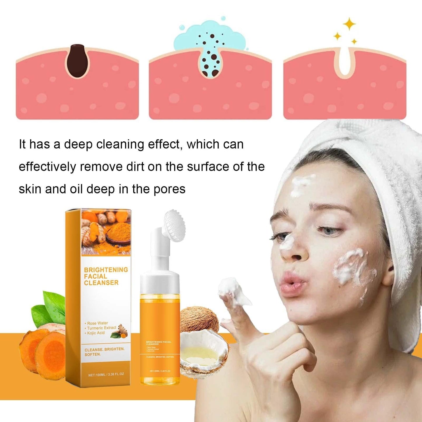 2 Pcs Turmeric Foaming Face Wash, Deep Cleansing Glow Wash Turmeric Facial Cleanser With Brush. Beauty and Personal Care HuaQing