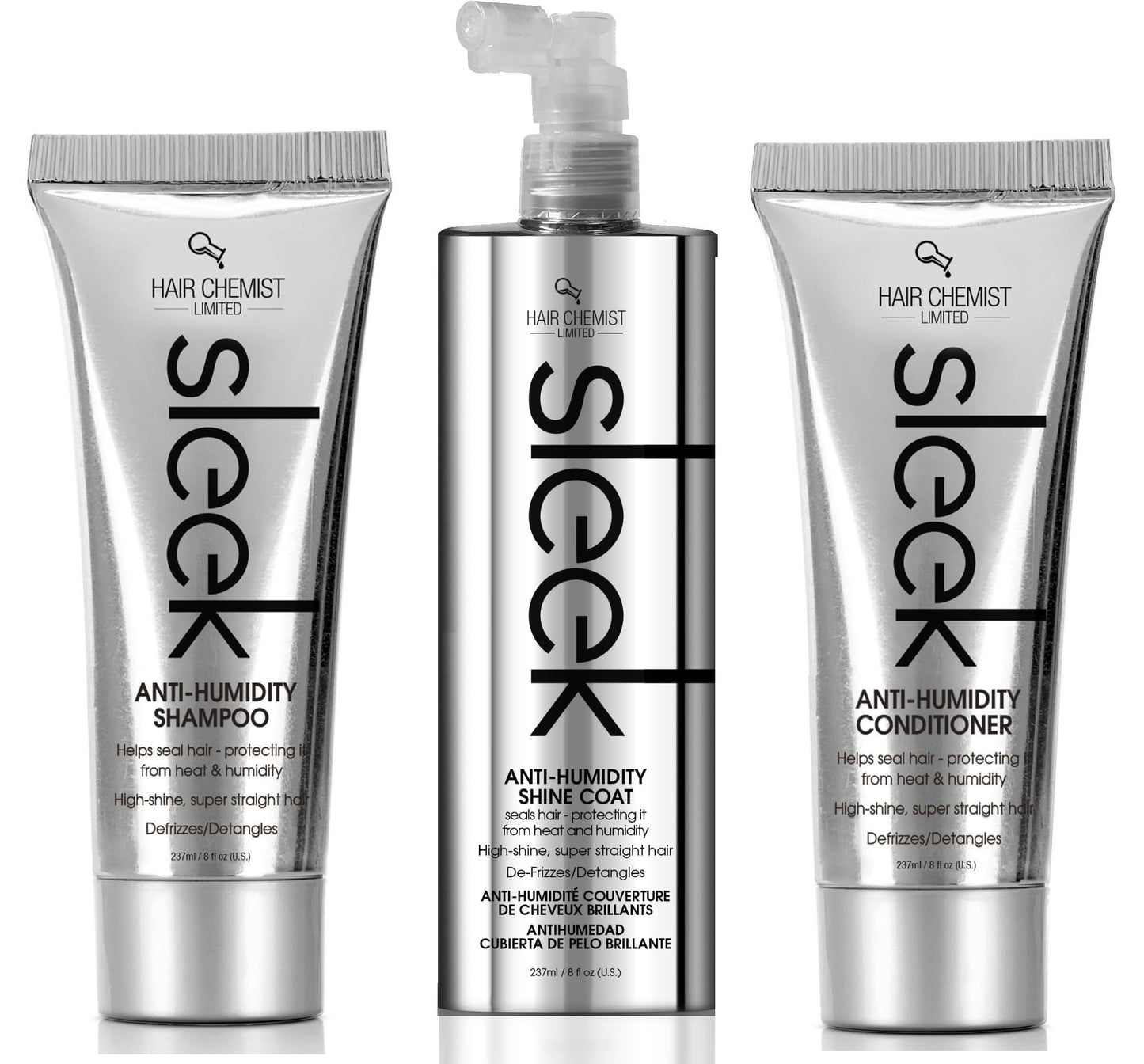 Hair Chemist Sleek Anti-Humidity Shampoo 8oz, Conditioner 8oz & Shine Coat 8oz 3-PC SET - Frizzy Hair Shampoo and Anti-Frizz Treatment Collection