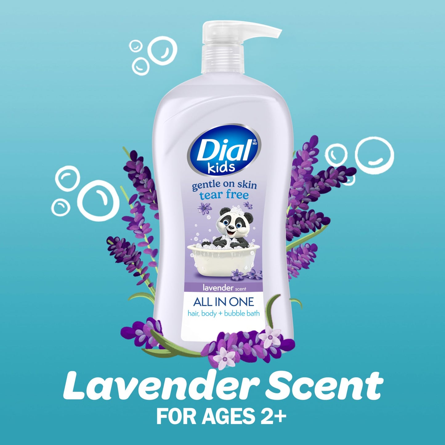 Dial Kids All-in-1 Body + Hair + Bubble Bath, Lavender Scent, 32 Fl Oz, Hypoallergenic Body Wash & Shampoo, No Tears Formula for Kids 2+ Years, No