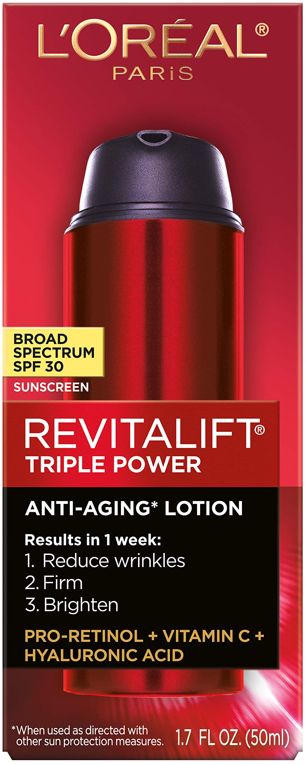 L'Oreal Paris Revitalift Triple Power Anti-Aging Broad Spectrum SPF 30 Sunscreen, Pro Retinol, Hyaluronic Acid & Vitamin C Lotion, Reduces Wrinkles