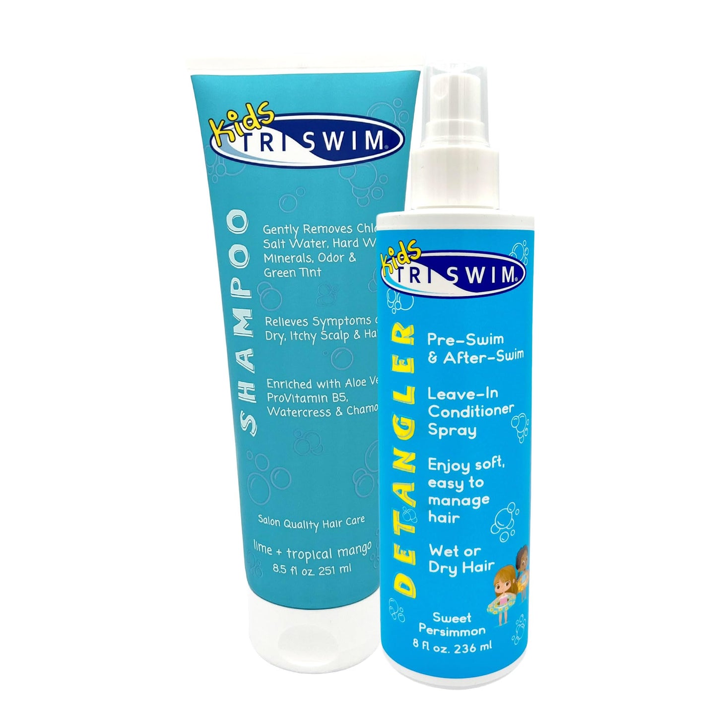 TRISWIM Swim Care Bundle | Chlorine Removal Shampoo 8.5 oz + Kids Detangler Leave-In Conditioner Spray 8 oz | Removes Chlorine & Saltwater | Detangles