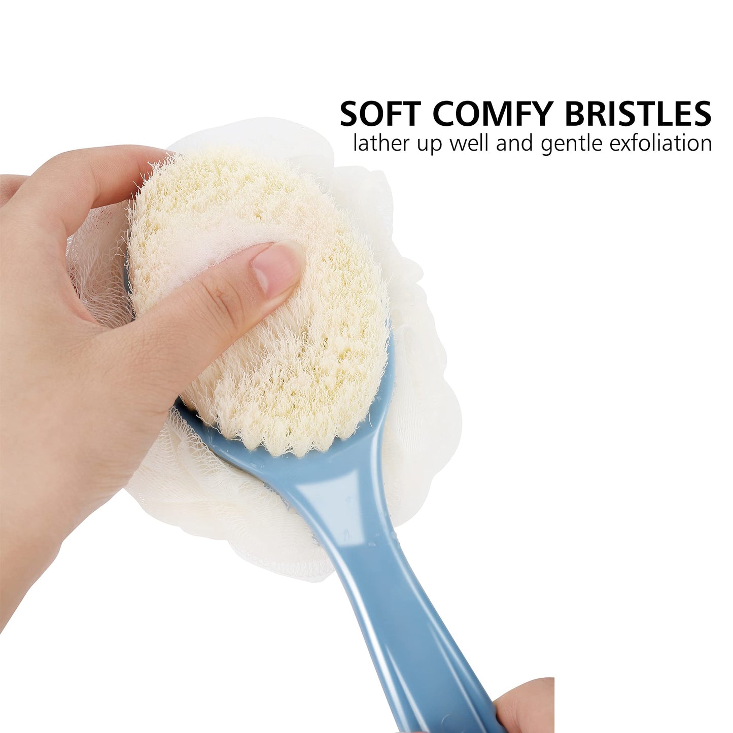 Shower Body Brush with Bristles and Loofah,Back Scrubber Bath Mesh Sponge with Curved Long Handle for Skin Exfoliating Bath, Massage Bristles Suitable Beauty and Personal Care HONOMA