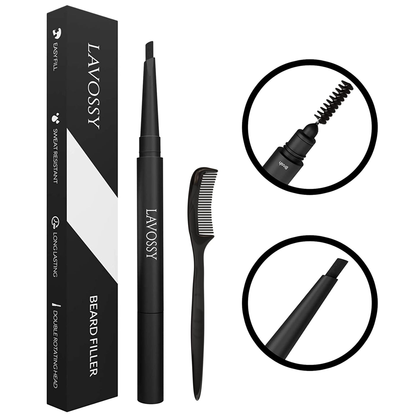 LAVOSSY Beard Pencil Filler for Men - Long Lasting and Easy to Use Beard Pen with blending brush results in a sleek & natural look, Water/Sweat Proof