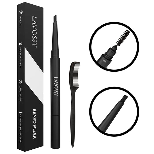 LAVOSSY Beard Pencil Filler for Men - Long Lasting and Easy to Use Beard Pen with blending brush results in a sleek & natural look, Water/Sweat Proof
