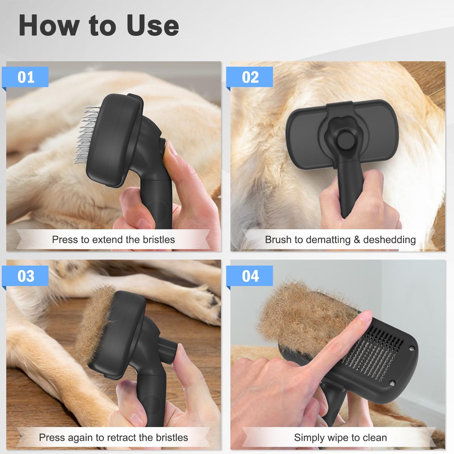 Dipoo Self-Cleaning Shedding Brush – Skin-Friendly Grooming Tool for Dogs, Cats & Puppies, Hair Removal for Long/Short Coats, Black