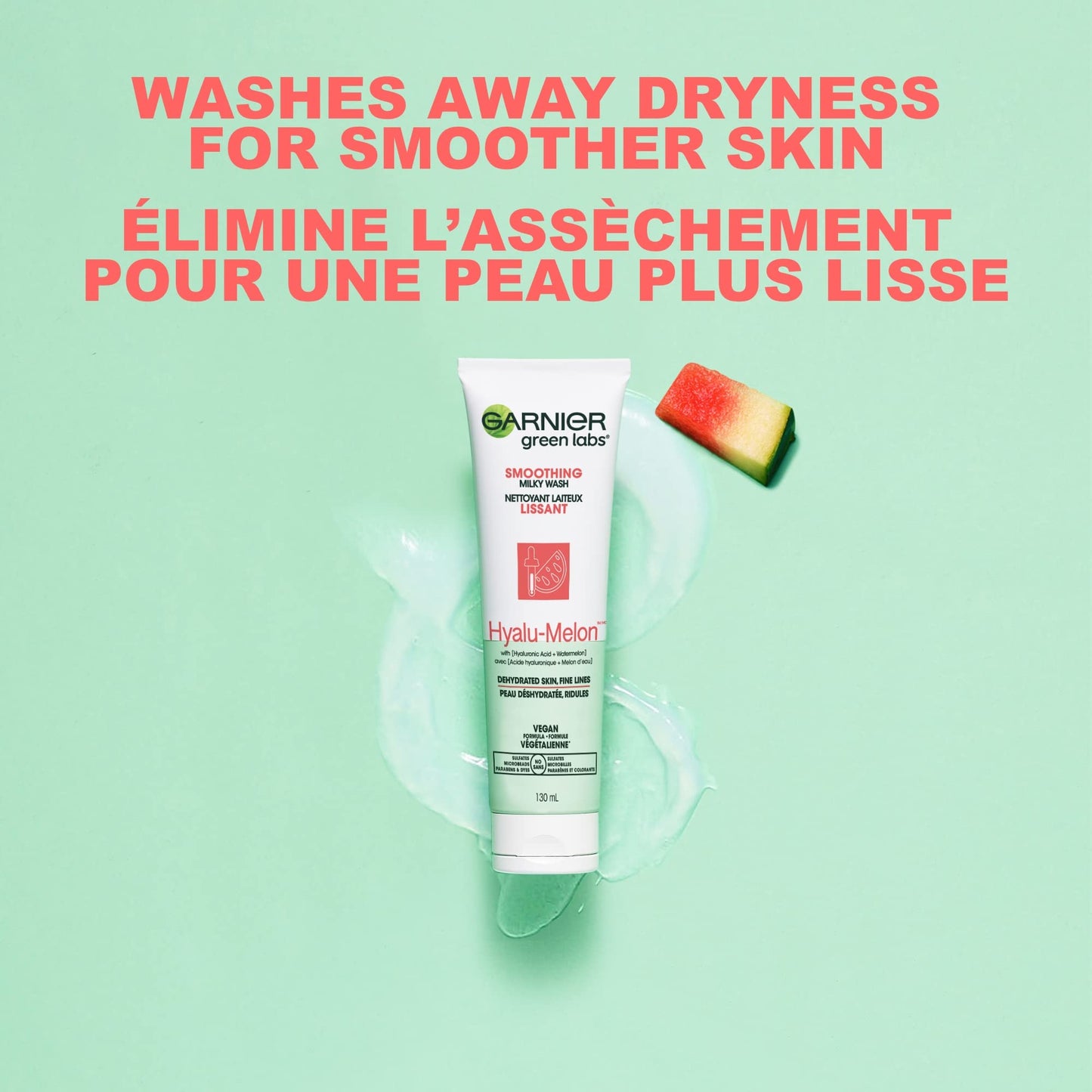 Garnier SkinActive Green Labs Hyalu-Melon Smoothing Milky Washable Cleanser with Hyaluronic Acid + Watermelon for Dehydrated Skin, Fine Lines