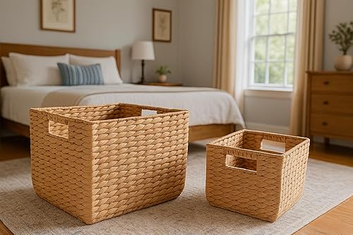 14" and 11" Handwoven Water Hyacinth Storage Baskets with Handles, Set of 2 - Natural Square Woven Organizer Bins for Shelves, Closet, or Living Room…