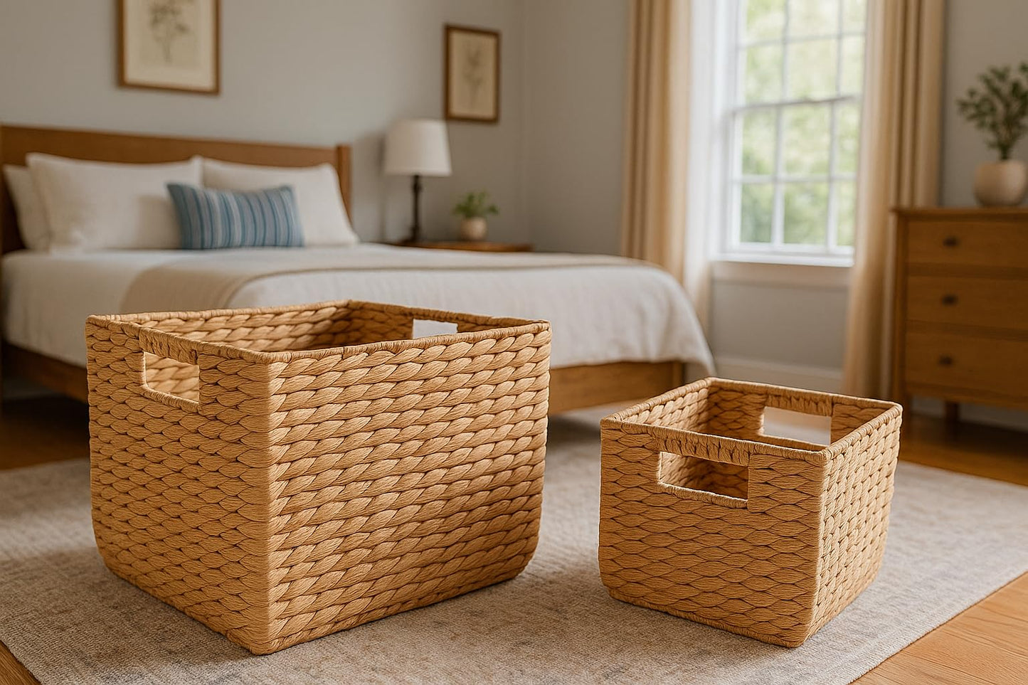 14" and 11" Handwoven Water Hyacinth Storage Baskets with Handles, Set of 2 - Natural Square Woven Organizer Bins for Shelves, Closet, or Living Room…