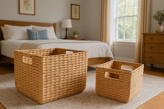 14" and 11" Handwoven Water Hyacinth Storage Baskets with Handles, Set of 2 - Natural Square Woven Organizer Bins for Shelves, Closet, or Living Room…