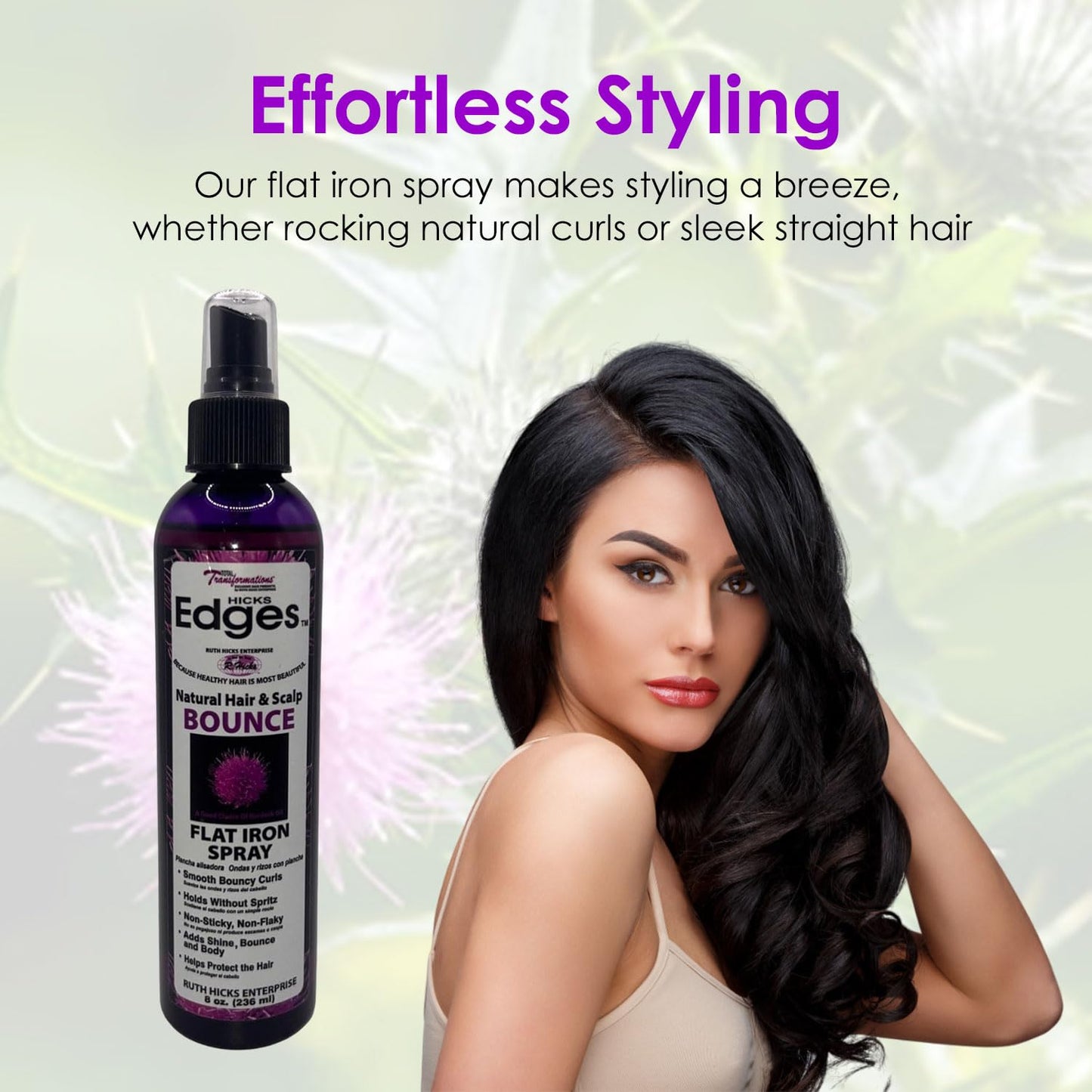 Hicks Edges Natural Hair and Scalp Bounce Flat Iron Spray, Smooth Bouncy Curls, Holds without Spritz with Heat Protection, Non-Sticky and Non Flaky