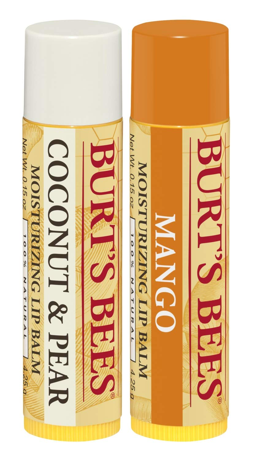 Burt's Bees 100% Natural Moisturizing Lip Balm, Coconut & Pear and Mango with Beeswax & Fruit Extracts - 2 Tubes, 2 Fl OZ
