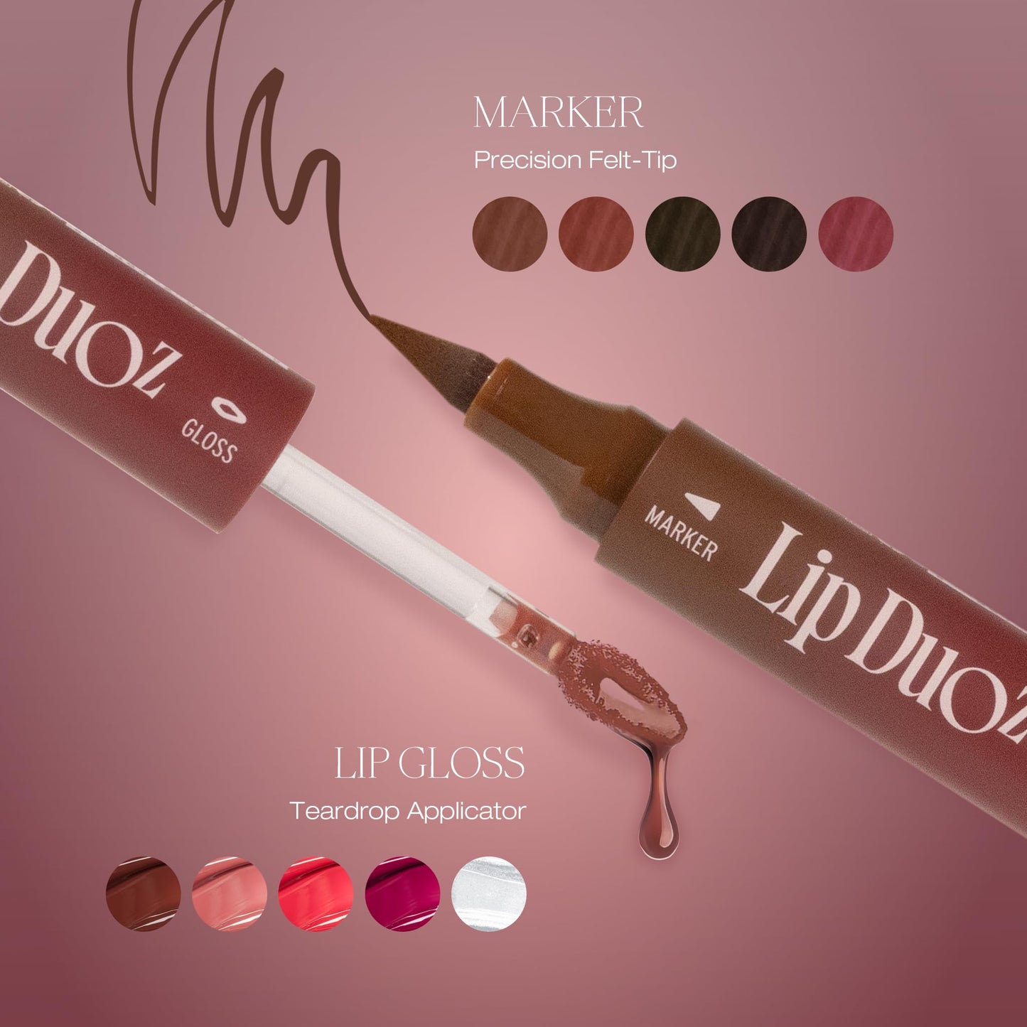 Absolute New York Lip DuoZ, 2 in 1 Lip Marker and Lip Gloss, High Shine, Water Resistant, Smudge Proof, Precision Felt Tip (Ruby Pearl)