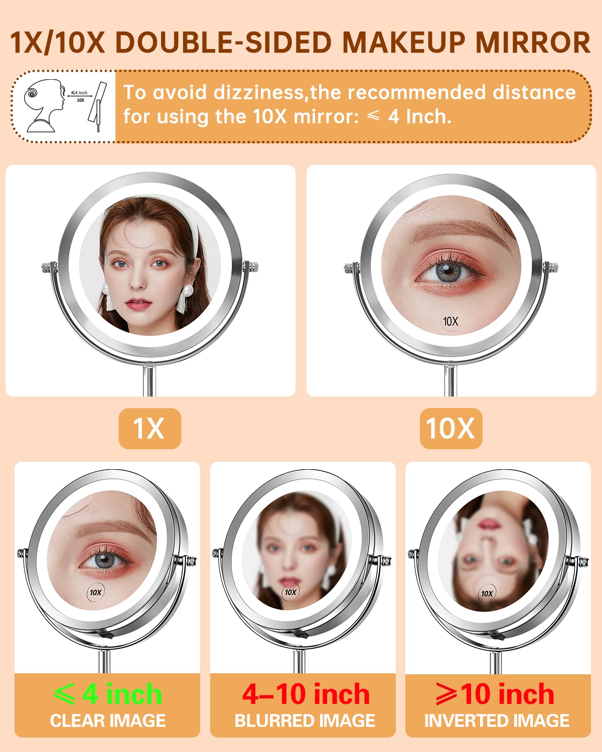 1X/10x Magnified Lighted Makeup Mirror Double Sided Round Magnifying Mirror Standing 360 Degree Swivel Vanity Mirror Battery Operated 7 Inch Diameter