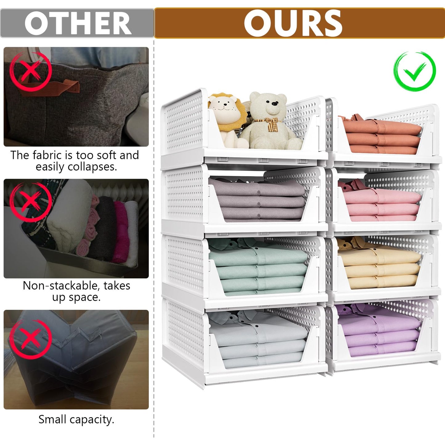 SNSLXH 5-Pack Stackable Storage Baskets – Foldable Closet Organizer for Bathroom, Kitchen, Laundry & Wardrobe – White, Space-Saving